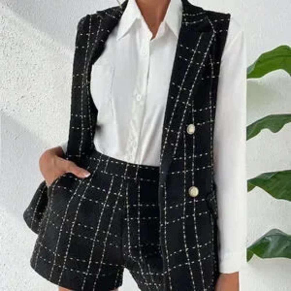 Fall Stylish Plaid Double Breasted Tweed Vest Blazer & Shorts